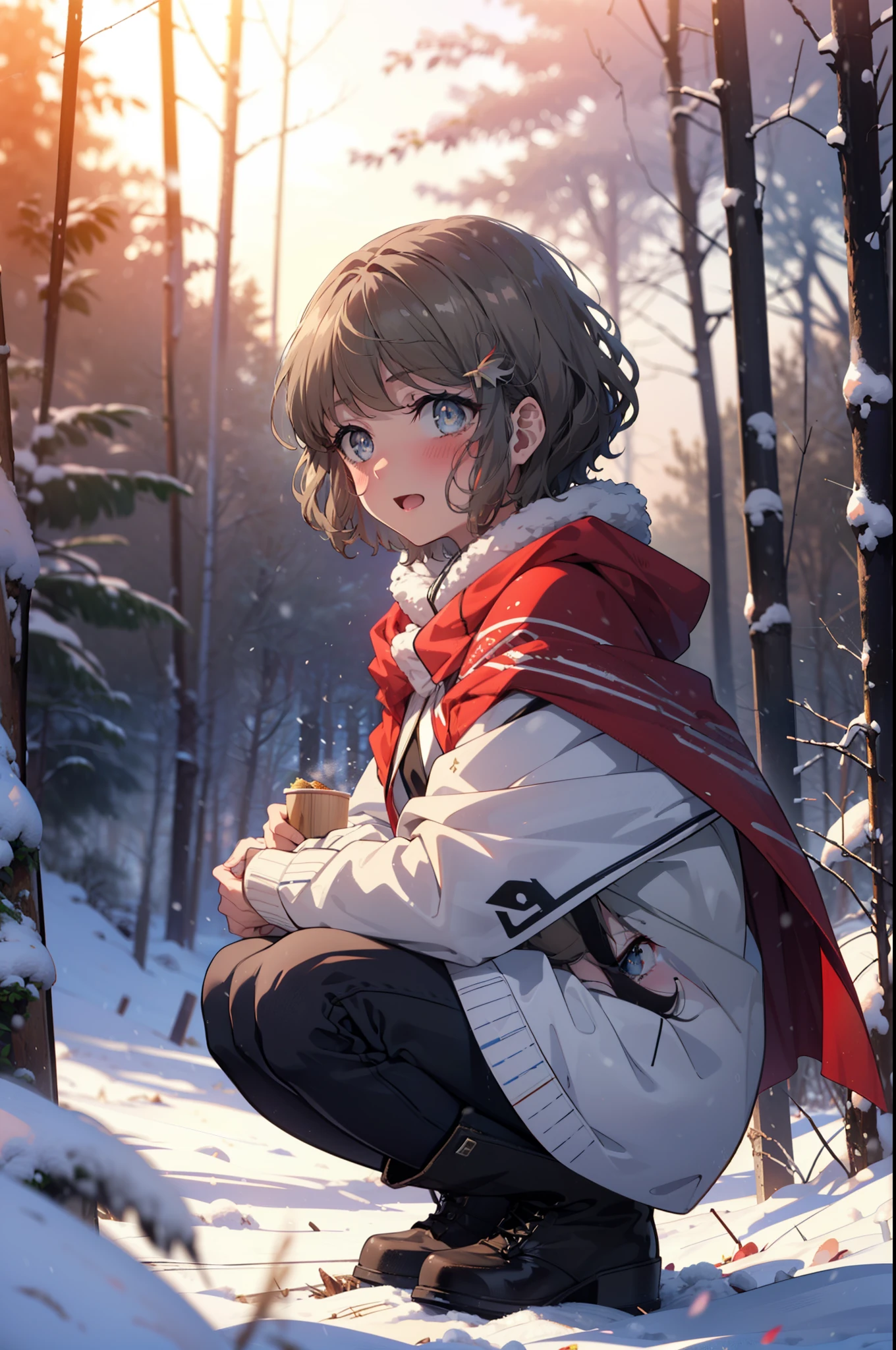 tomoekoga, Chie Koga, short hair, Brown Hair, blue eyes, hair band,smile,blush,White Breath,Medium chest,
Open your mouth,snow,Ground bonfire, Outdoor, boots, snowing, From the side, wood, suitcase, Cape, Blurred, having meal, forest, White handbag, nature, Squat, Mouth closed, Cape, winter, Written boundary depth, Black shoes, red Cape break looking at viewer, Upper Body, whole body, break Outdoor, forest, nature, break (masterpiece:1.2), highest quality, High resolution, unity 8k wallpaper, (shape:0.8), (Beautiful and beautiful eyes:1.6), Highly detailed face, Perfect lighting, Extremely detailed CG, (Perfect hands, Perfect Anatomy),