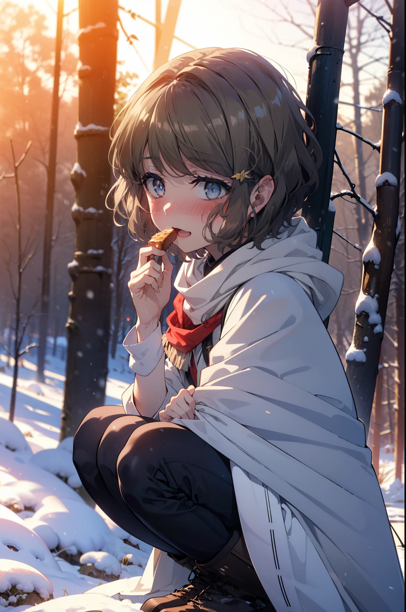 tomoekoga, Chie Koga, short hair, Brown Hair, blue eyes, hair band,smile,blush,White Breath,Medium chest,
Open your mouth,snow,Ground bonfire, Outdoor, boots, snowing, From the side, wood, suitcase, Cape, Blurred, having meal, forest, White handbag, nature,  Squat, Mouth closed, Cape, winter, Written boundary depth, Black shoes, red Cape break looking at viewer, Upper Body, whole body, break Outdoor, forest, nature, break (masterpiece:1.2), highest quality, High resolution, unity 8k wallpaper, (shape:0.8), (Beautiful and beautiful eyes:1.6), Highly detailed face, Perfect lighting, Extremely detailed CG, (Perfect hands, Perfect Anatomy),
