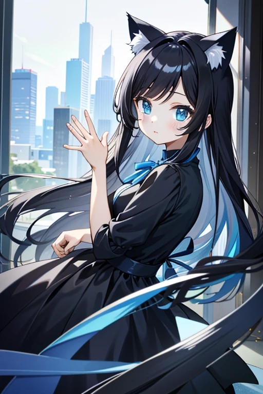 Cat ear、pretty girl、long、Black Hair、Blue dress、Fascinating Situation