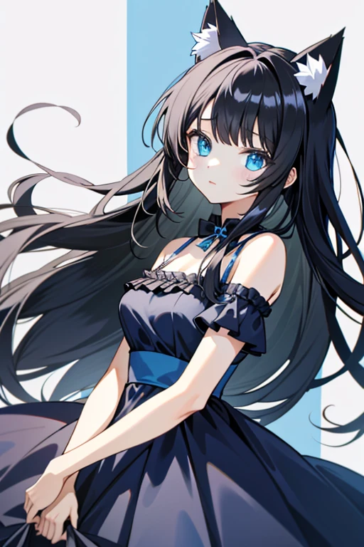 Cat ear、pretty girl、long、Black Hair、Blue dress、Fascinating Situation