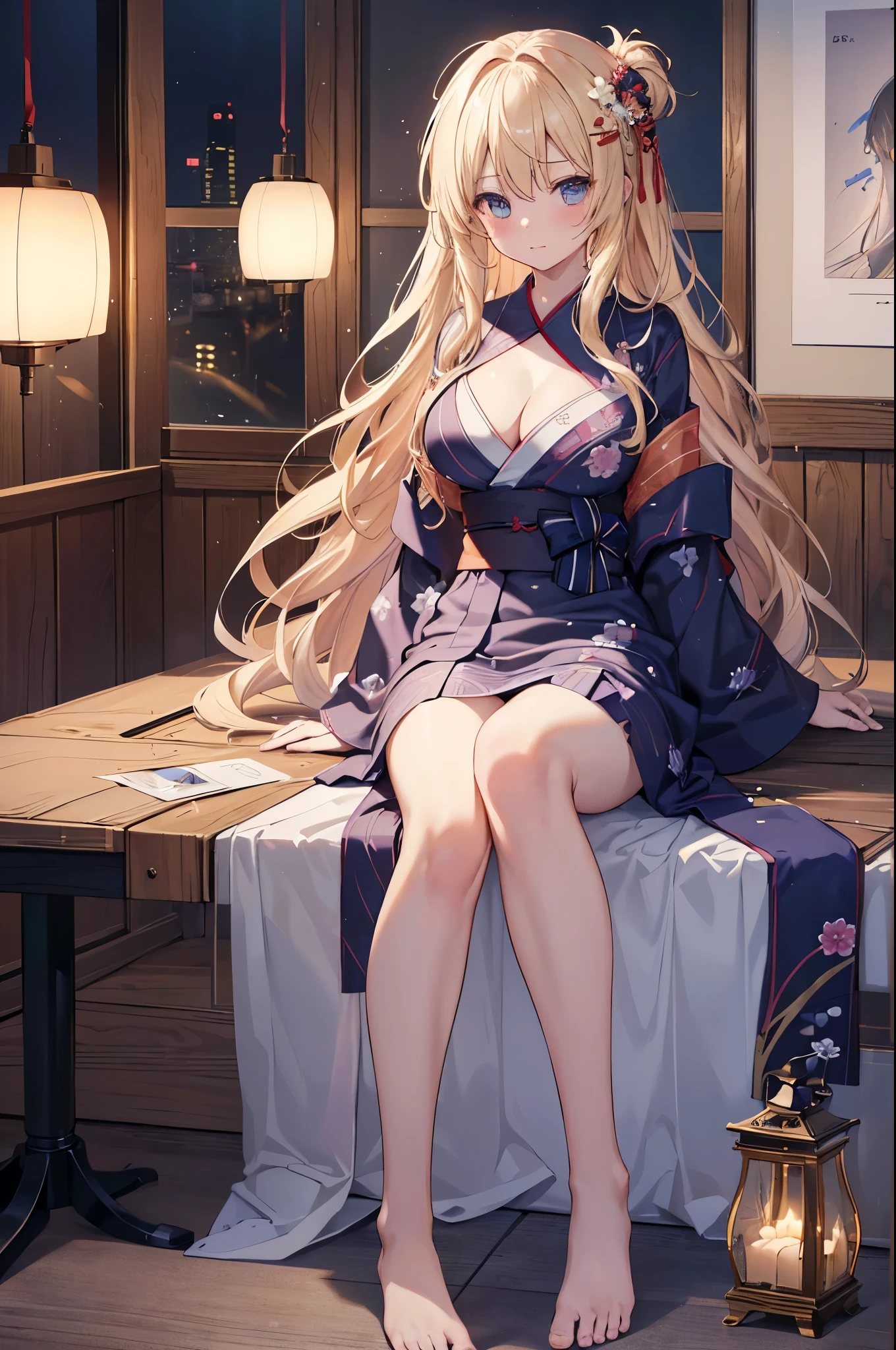 (Very detailed CG ユニティ 8k 壁紙),(masterpiece),(highest quality),(Very detailed),(Best illustrations),(Best Shadow),(Absurd), alone、One Girl、yukata、hostel、firework、night、The chest is exposed、hairpin、blonde,Messy wavy long hair、Point your feet towards the viewer,Big Breasts
