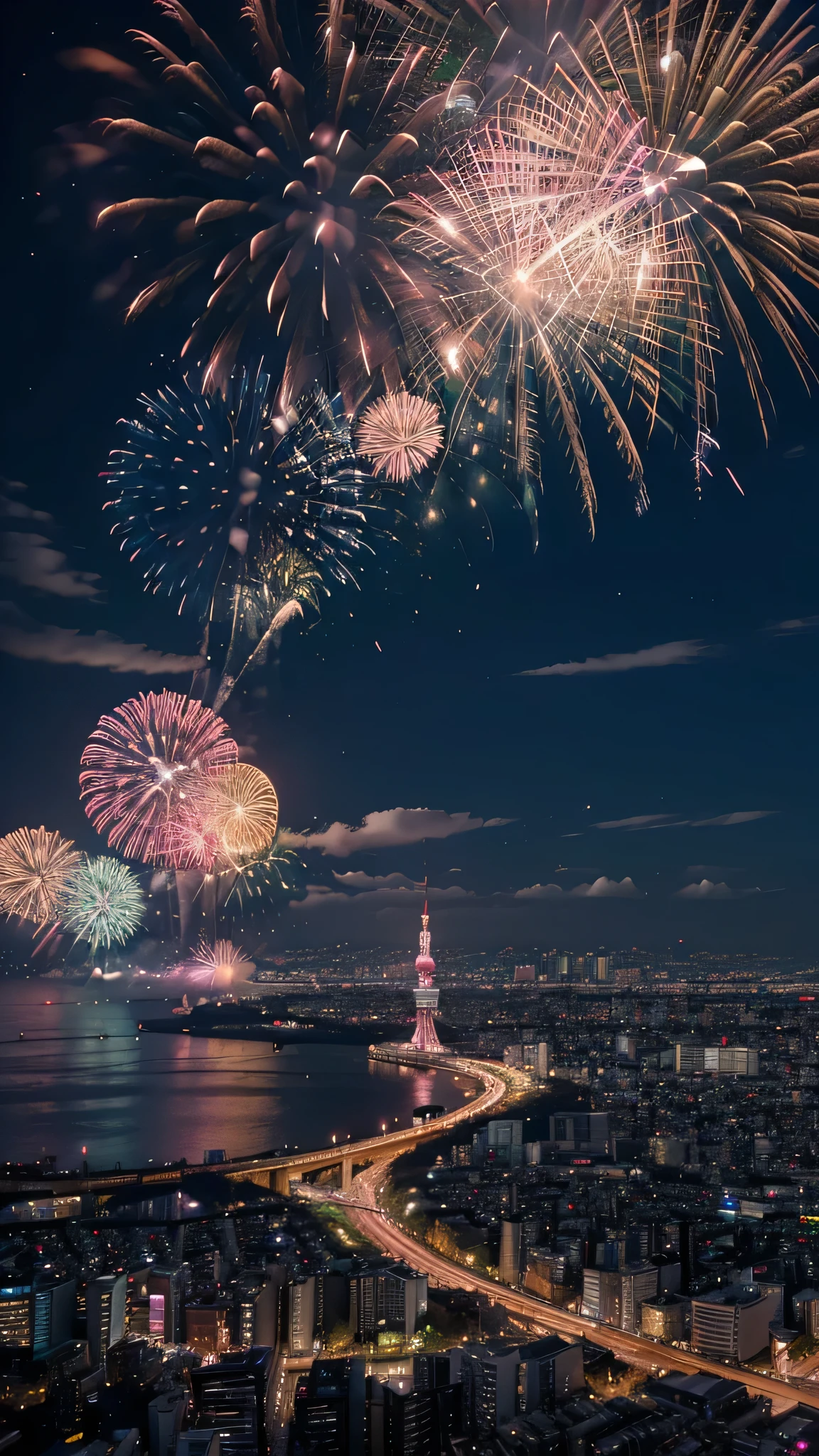Happy mother's day written on sky , with pink color,night , Tokyo view, celebration of fireworks for mother,