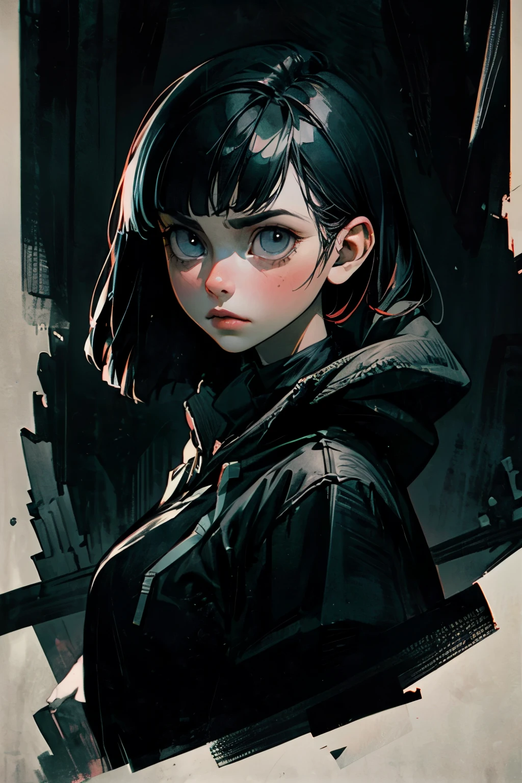 a goth girl with blunt bangs and a hime-cut in a detailed portrait. She has pale skin and is wearing a black hoodie. She is depicted in a dark room with dim lighting. The overall image has an analog, best quality look with ultra-detailed features and a realistic, photorealistic style. The color palette is dark, with soft shadows creating a minimalist and moody atmosphere. The lighting is dim and casts dramatic shadows on the girl's face. The composition of the image is carefully framed, reminiscent of the film noir aesthetic. The image has a vintage grain effect, adding to the overall ethereal and emotionally intense atmosphere.
