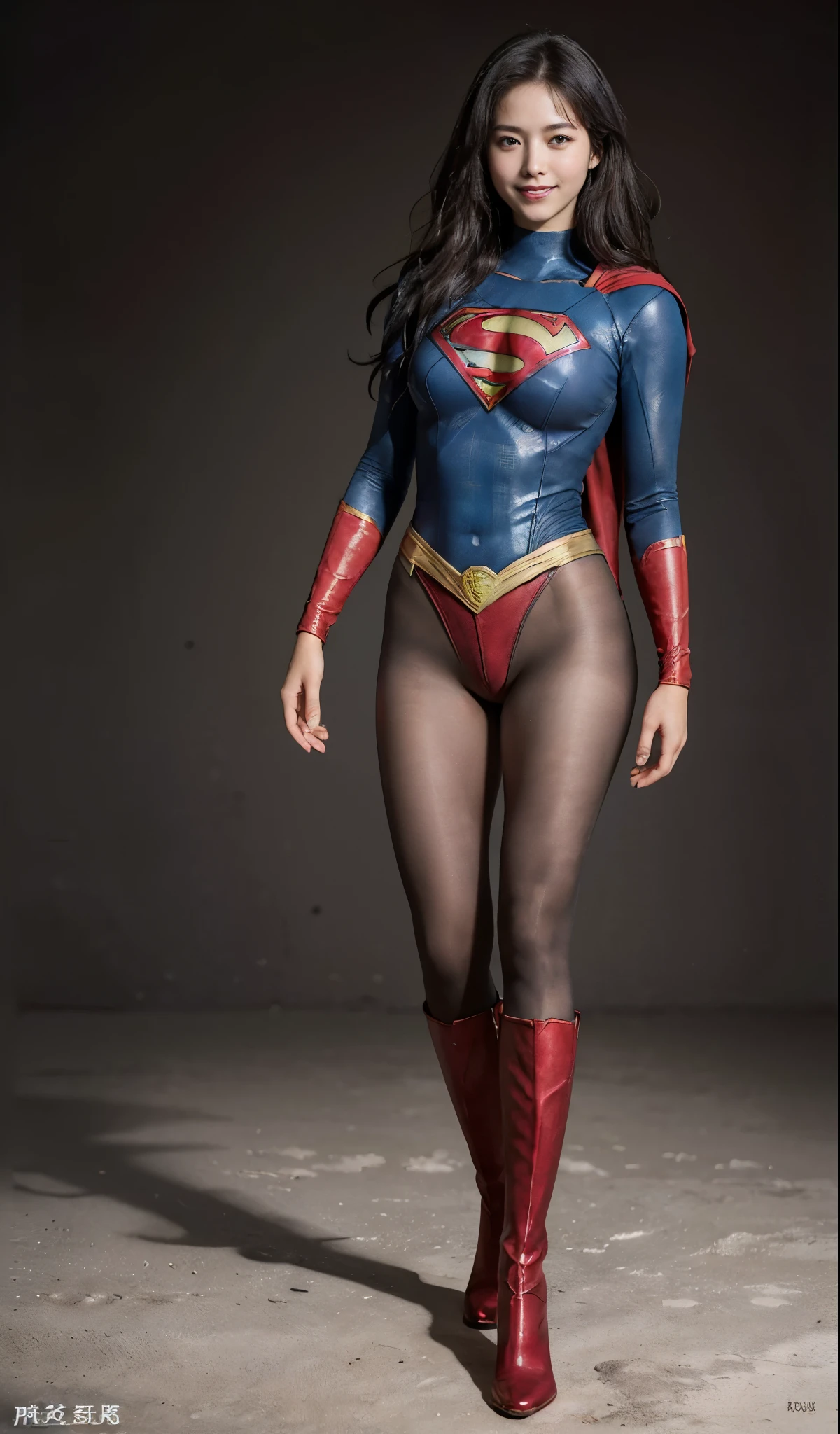 No background、(((Beautiful legs in black tights.)))、(((Legally express the beauty of your smile)))、((((Make the most of your original images)))、(((Supergirl Costume)))、(((Beautiful Hair)))、(((Smiling and winking)))、(((Please wear black tights....、Wear red boots)))、((Best image quality、8k))、((highest quality、8k、masterpiece:1.3))、(((Preserve background )))、Sharp focus:1.2、Beautiful woman with perfect figure:1.4、Slim Abs:1.2、Wet body:1.5、Highly detailed face and skin texture、8k