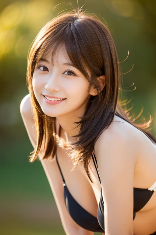 Best image quality, high image quality, beautiful woman, Japanese, fine, fine eyes, fine skin, beautiful skin, super high resolution, (reality 1.4), very beautiful, slightly young face, beautiful skin, thin, (surrealistic), (high resolution), (8k), (highly detailed) (beautifully detailed eyes), (highly detailed), wearing a string bikini, (wallpaper), (detailed face), show viewer, fine details , detailed face, smiling, straight to the front, standing upright, angle from the waist up, photorealistic, bright lighting, professional lighting, adult female, brown hair, shoulder-length straight hair blowing in the wind, long Stylish bangs, from the knees up