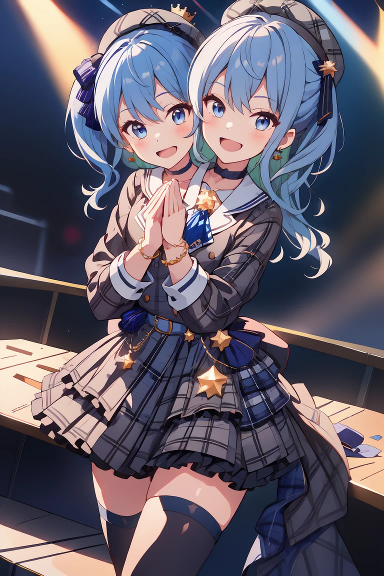 (masterpiece, best quality), best resolution, 16k, (2heads:1.5), close-up, 1girl, solo, HoshimachiSuisei, side ponytail, blue hair ribbon, SuiseiBase, plaid beret, crown, blue star choker, star earrings, blue ascot, plaid jacket, plaid skirt, layered skirt, partially fingerless gloves, star bracelet, uneven legwear, thigh strap, standing, (cheek to cheek), (own hands together, praying hangs), smile, open mouth, singing, look at viewer, happy, stable, concert stage, starfield, spotlight