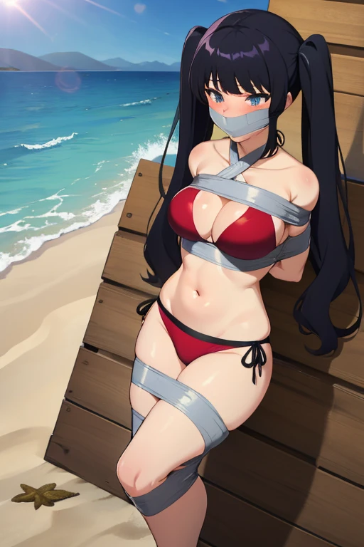 1 girl, detailed eyes, Long black hair, twintails mit schwarzen schleifen, twintails body long, body long hair, hochgesteckte Haare, improvisierter Knebel, (Klebebandknebel:1.5), GEKNEBELT, Klebeband, festgebunden, Arms behind the back, gefesselte Arme, schwarzer Bikini, blushing, Tape gag, standing, beach in the background, big , feet tied together with tape, Beine mit Tape zusammengebunden 