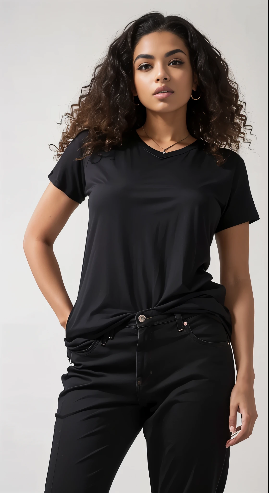 a woman in camisa preta and black pants posing for a picture, wearing a Camiseta preta, vestindo uma camiseta preta, vestindo camiseta preta, camiseta preta, wearing a camisa preta, Camiseta preta, camiseta preta, camisa preta, roupas pretas casuais, wearing pants and t-shirt, vestindo uma camiseta, vestindo uma camisa escura e jeans