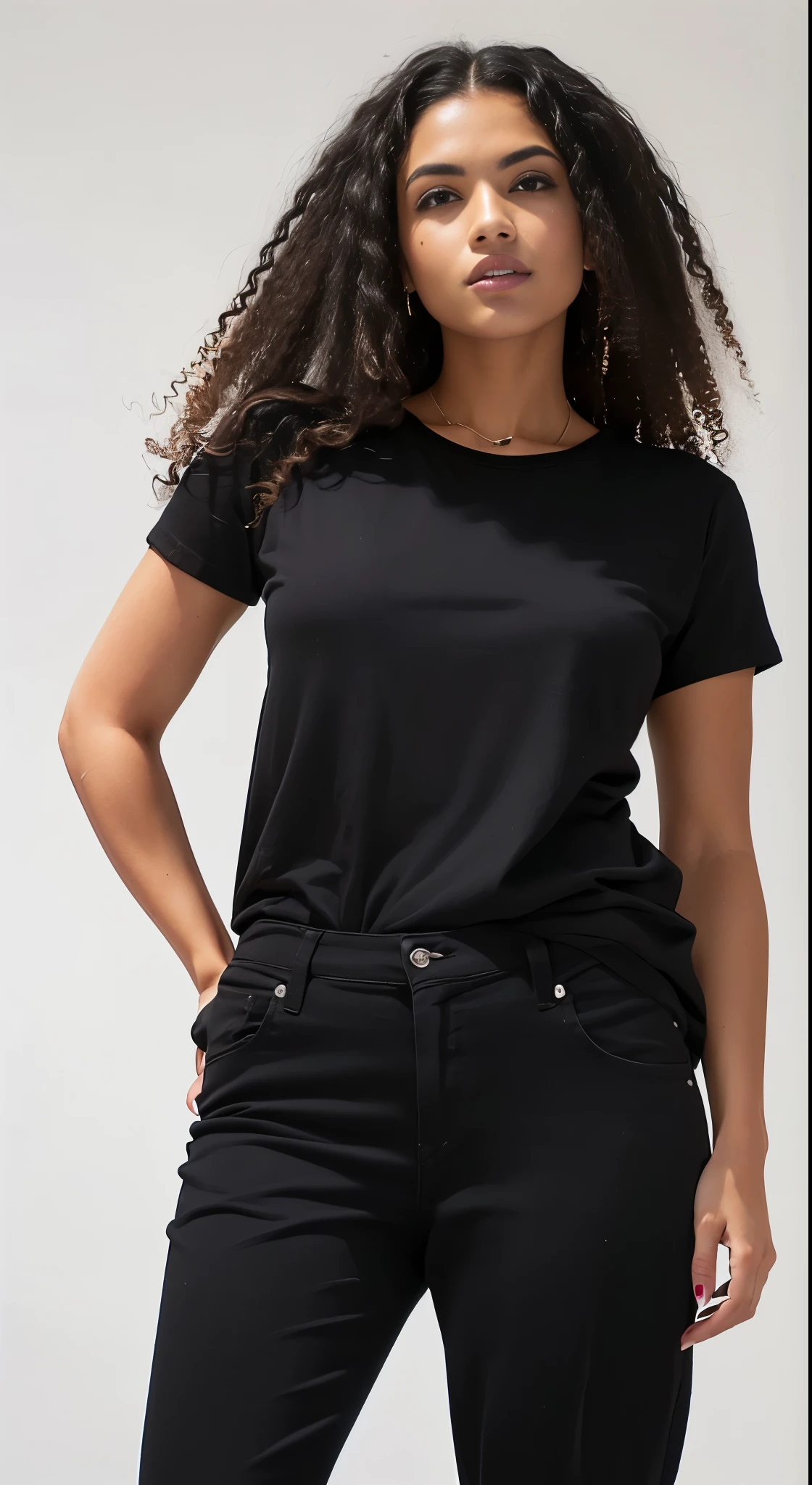 a woman in camisa preta and black pants posing for a picture, wearing a Camiseta preta, vestindo uma camiseta preta, vestindo camiseta preta, camiseta preta, wearing a camisa preta, Camiseta preta, camiseta preta, camisa preta, roupas pretas casuais, wearing pants and t-shirt, vestindo uma camiseta, vestindo uma camisa escura e jeans