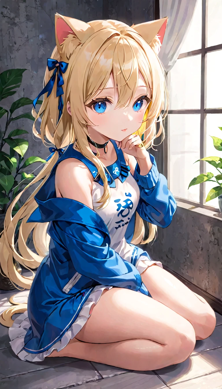 blue eyes、blonde、cat ears、low length、sitting pose