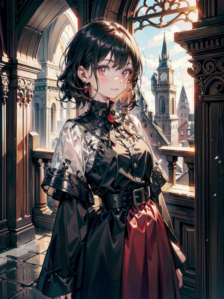 whole body, Gothic red dress, girl and dragon, (in castle), creepy smile, absurdres, RAW photo, extremely delicate and beautiful, masterpiece, Best Quality, ultra high resolution, 32k, hyperrealistic, ultra-detailed, detailed description, pale skin, 20 years old, detailed beautiful face and eyes, tearful mole, earring, Colossal tits, short medium hair, wavy hair,