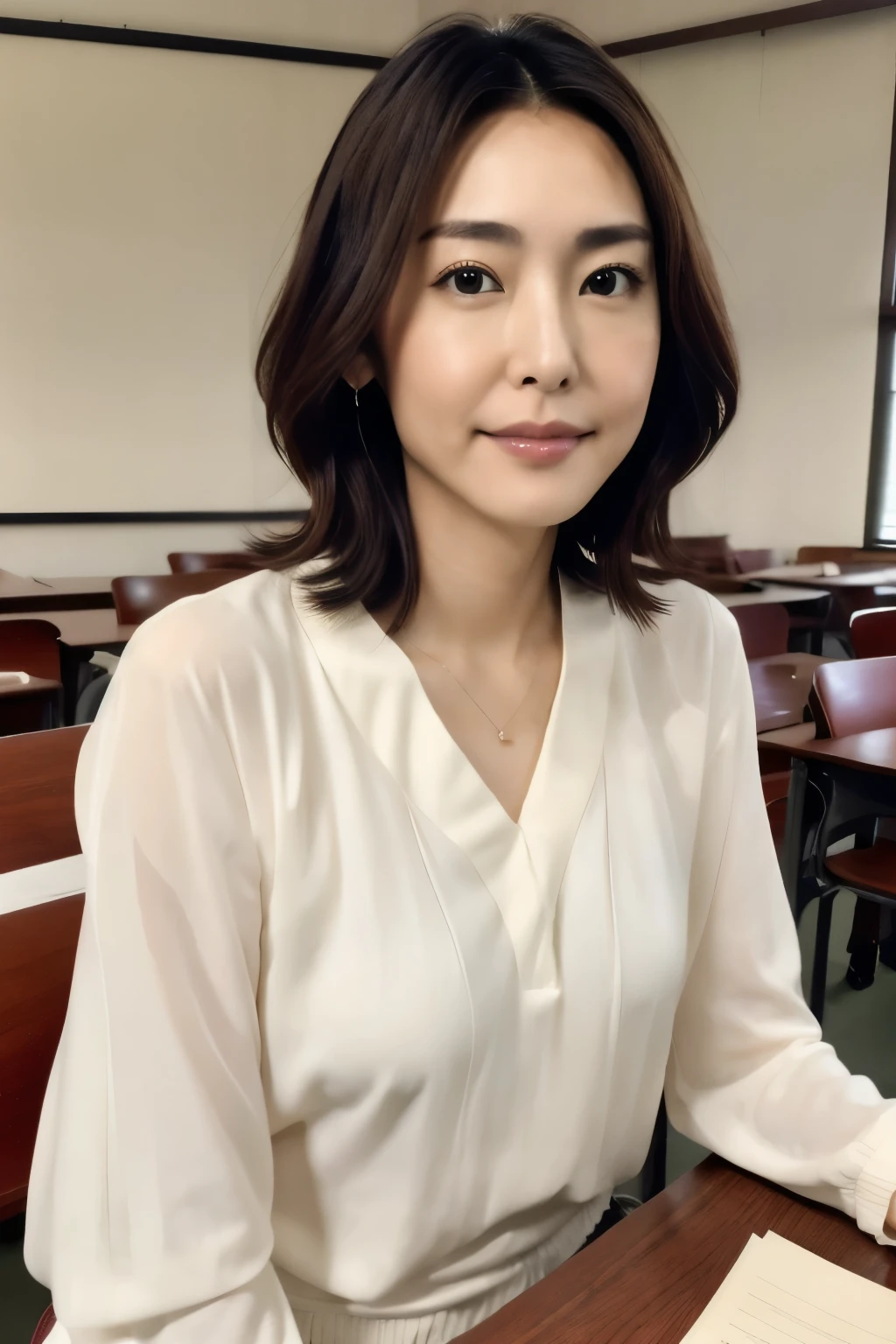 32K image quality、RAW Photos、highest quality、masterpiece、Very detailed、The most beautiful women in Japan in their 40s、Ultra clear and beautiful skin、Professional attire、Very detailed顔、Short Hair、In the classroom、Sitting in a chair、1 female teacher