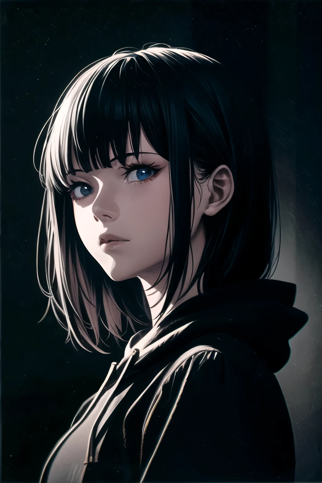 a goth girl with blunt bangs and a hime-cut in a detailed portrait. She has pale skin and is wearing a black hoodie. She is depicted in a dark room with dim lighting. The overall image has an analog, best quality look with ultra-detailed features and a realistic, photorealistic style. The color palette is dark, with soft shadows creating a minimalist and moody atmosphere. The lighting is dim and casts dramatic shadows on the girl's face. The composition of the image is carefully framed, reminiscent of the film noir aesthetic. The image has a vintage grain effect, adding to the overall ethereal and emotionally intense atmosphere.
