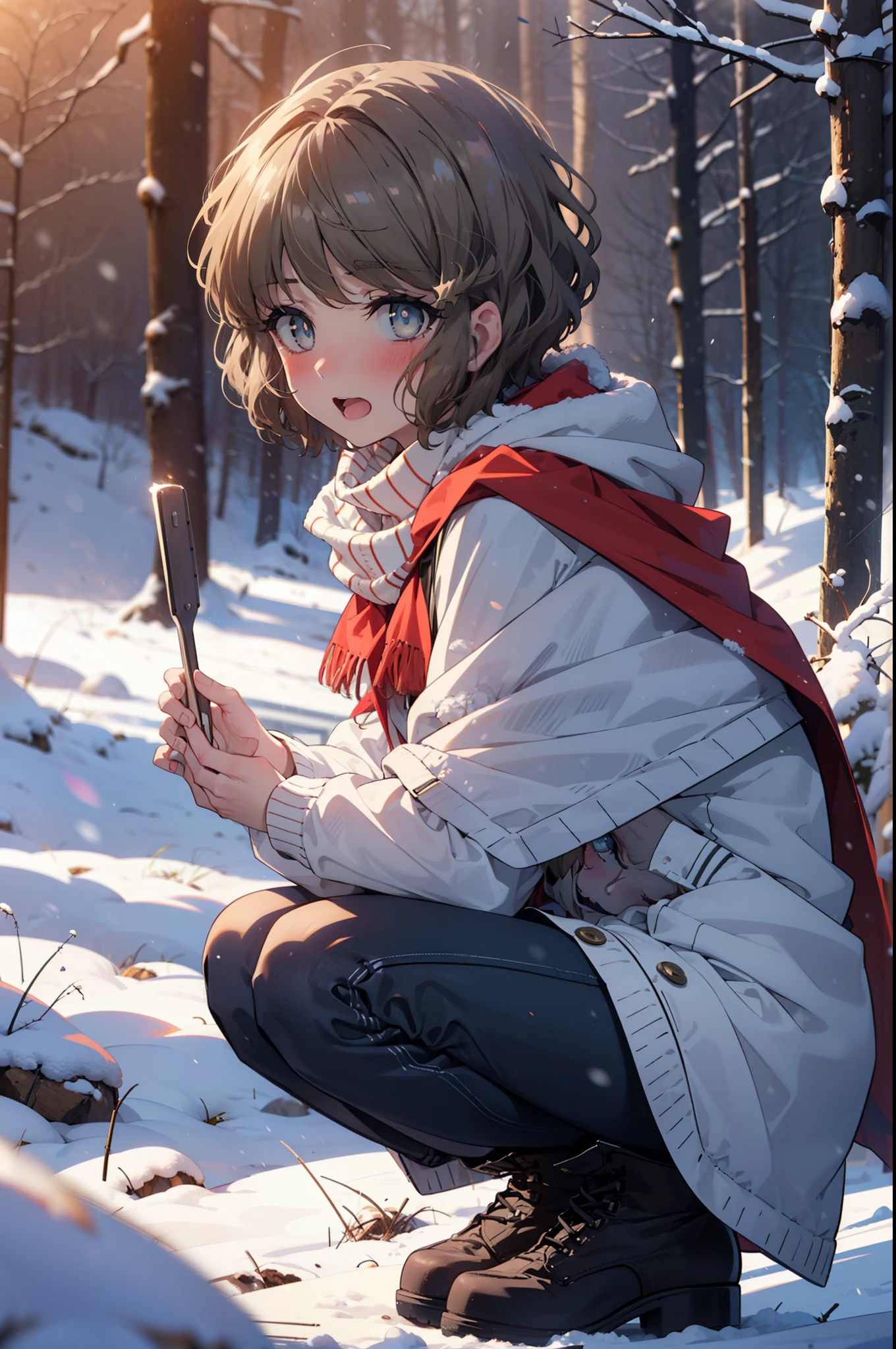 tomoekoga, Chie Koga, short hair, Brown Hair, blue eyes, hair band,smile,blush,White Breath,Medium chest,
Open your mouth,snow,Ground bonfire, Outdoor, boots, snowing, From the side, wood, suitcase, Cape, Blurred, having meal, forest, White handbag, nature,  Squat, Mouth closed, Cape, winter, Written boundary depth, Black shoes, red Cape break looking at viewer, Upper Body, whole body, break Outdoor, forest, nature, break (masterpiece:1.2), highest quality, High resolution, unity 8k wallpaper, (shape:0.8), (Beautiful and beautiful eyes:1.6), Highly detailed face, Perfect lighting, Extremely detailed CG, (Perfect hands, Perfect Anatomy),