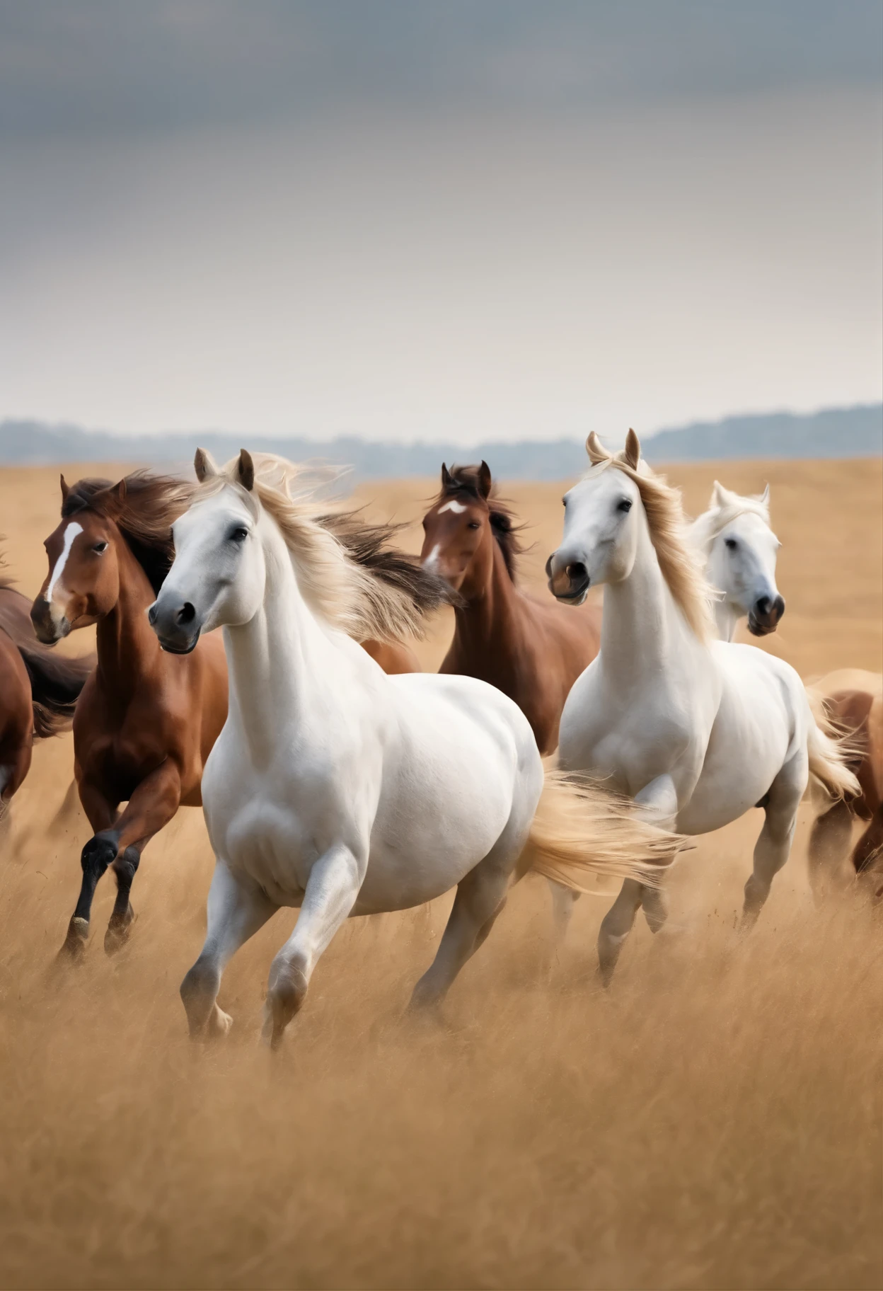 grassland，White background , Eight horses running，中国画wind格, Oriental elements, Reasonable design, clear lines，Reasonable layout，wind