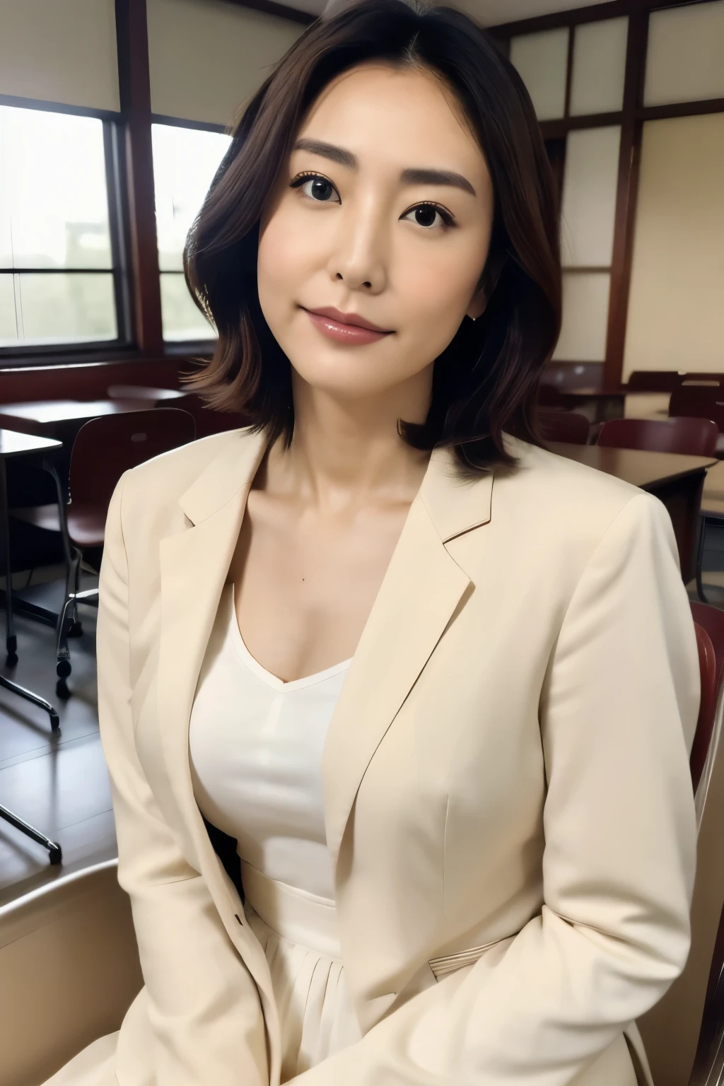32K image quality、RAW Photos、highest quality、masterpiece、Very detailed、The most beautiful women in Japan in their 40s、Ultra clear and beautiful skin、Professional attire、Very detailed顔、Short Hair、In the classroom、Sitting in a chair、1 female teacher
