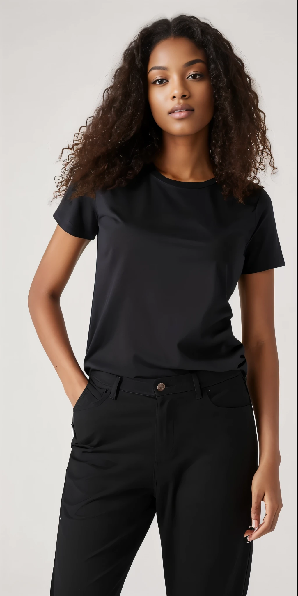 a woman in camisa preta and black pants posing for a picture, wearing a Camiseta preta, vestindo uma camiseta preta, vestindo camiseta preta, camiseta preta, wearing a camisa preta, Camiseta preta, camiseta preta, camisa preta, roupas pretas casuais, wearing pants and t-shirt, vestindo uma camiseta, vestindo uma camisa escura e jeans