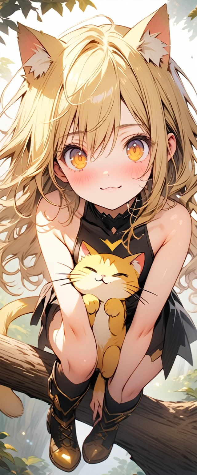 ((masterpiece)), ((best quality)), ((high resolution)), ((Extremely detailed CG unified 8k wallpaper)), ((on a tree branch in the deep forest:1.3)), ((cat woman cartoon character, Pointed cat ears, wavy blonde hair, yellow cat eyes, cat tail, Bare Skin:1.2)), cowboy shot, skin is wet and shiny, Wearing a flowing minidress and leather armor with gold decorations, Long leather boots, ((tilts head, View from the front:1.2)), ((squat with legs apart)),