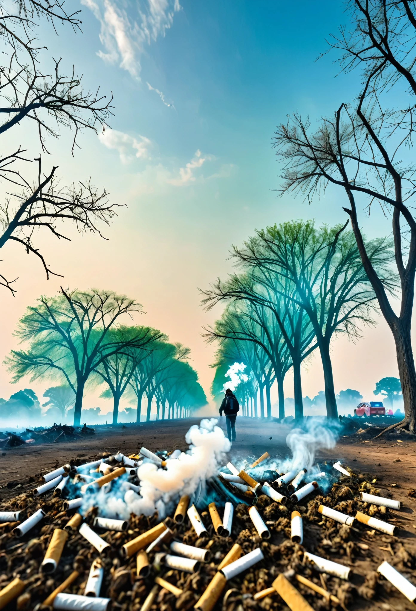 How about a picture depicting a stark contrast between two scenes? On one side, you have a lush, vibrant green landscape with clear blue skies, healthy trees, and flourishing plant life. In the foreground, you can show people engaged in various outdoor activities like hiking, cycling, or enjoying a picnic in the fresh air.
On the other side, you have a desolate, polluted environment filled with smoke, ash, and barren trees. Show people coughing and struggling to breathe amidst the smog. Perhaps include discarded cigarette butts littering the ground, symbolizing the harmful effects of tobacco on both human health and the environment.
In the center of the image, you could place a powerful symbol, like a healthy green plant breaking through a pile of cigarette butts, representing the resilience of nature and the potential for positive change when we choose to live tobacco-free and embrace a greener lifestyle. This juxtaposition would emphasize the importance of protecting our health and the environment by rejecting tobacco and embracing sustainable living practices.