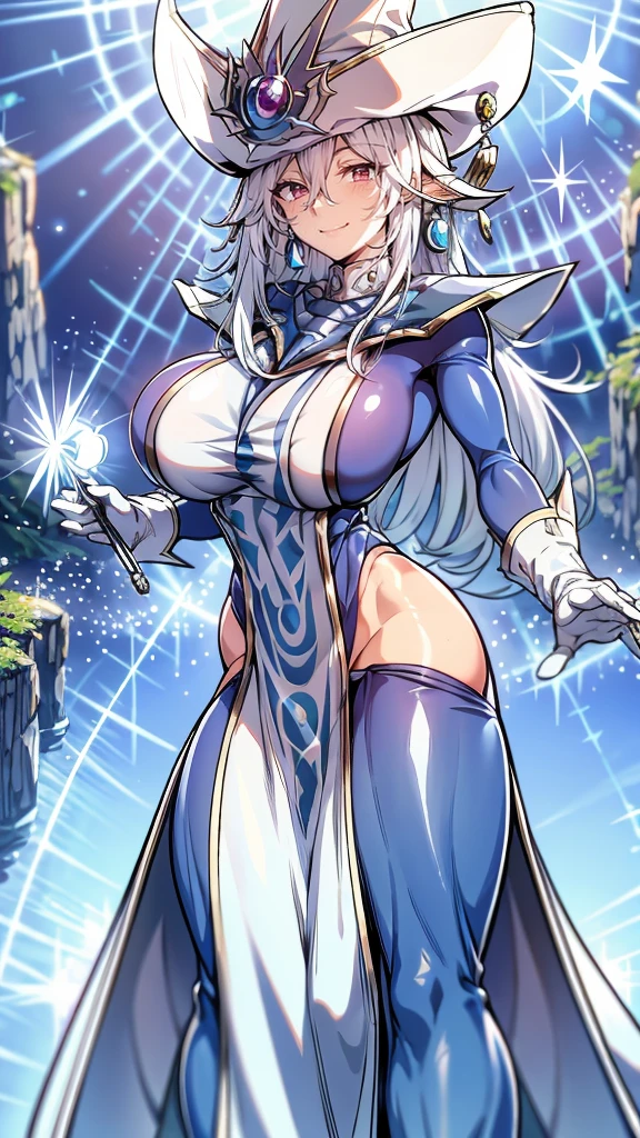 Silent magician, ropa apretada, poca piel visible, ((  ruborizada, sonrisa, oiled skin)),  pelo largo, cabello blanco, (( white hair, piernas descubiertas)), sombrero blanco, Skinny body, abs, muscle, muscle girl, big sagging breast , monstruo de duelo, Iparuputsua, de pie en la entrada de un castillo, brazos a los costados, magic world background, mundo medieval .