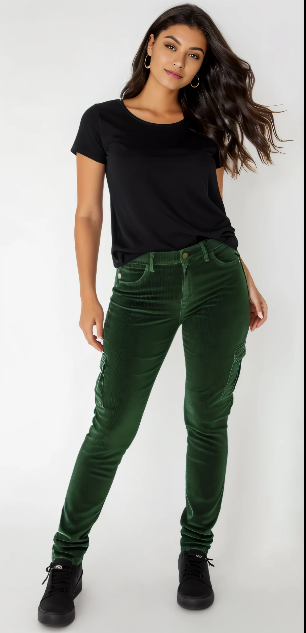 a woman in a black shirt and green pants posing for a photo, casual roupas verdes, jeans e camiseta, wearing pants and t-shirt, jeans, verde oliva, cintura fina, cintura fina, perto de um magro, pants, roupas verdes, vestindo pants cargo, cintura fina e quadris grossos, roupas verdes, green corduroy pants