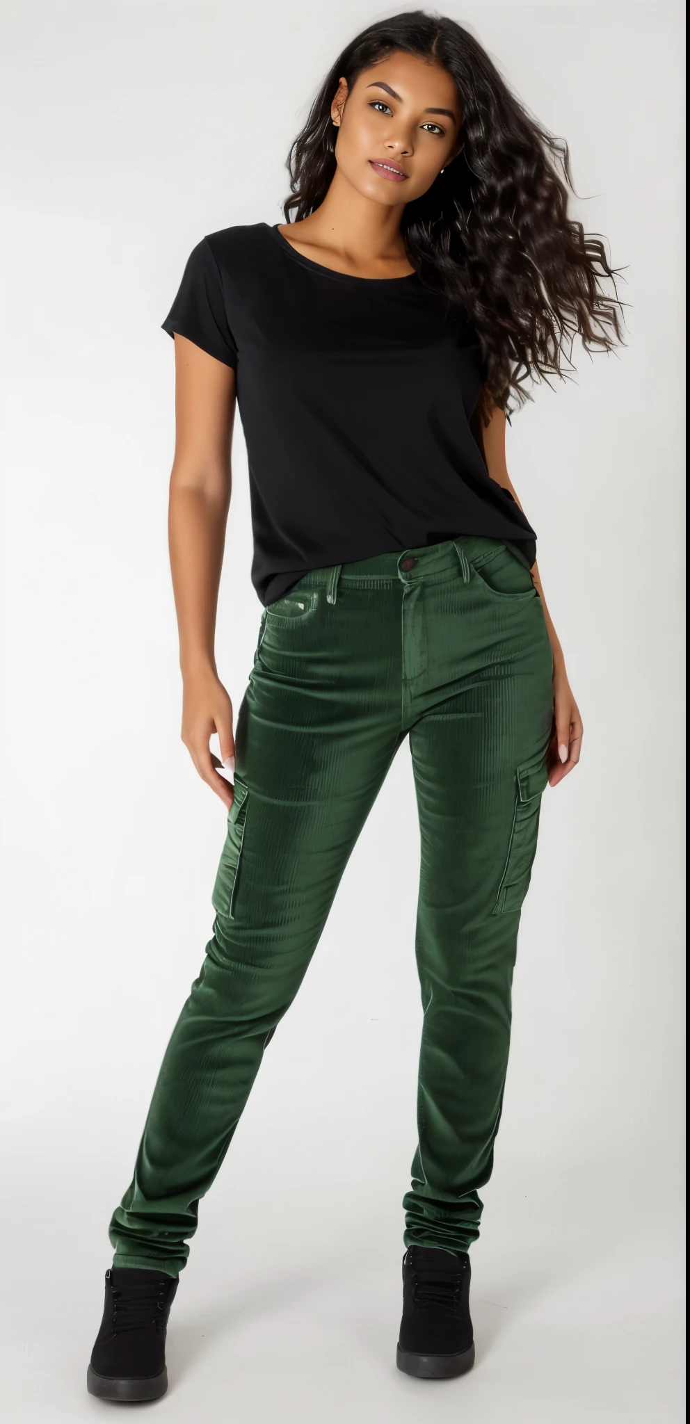 a woman in a black shirt and green pants posing for a photo, casual roupas verdes, jeans e camiseta, wearing pants and t-shirt, jeans, verde oliva, cintura fina, cintura fina, perto de um magro, pants, roupas verdes, vestindo pants cargo, cintura fina e quadris grossos, roupas verdes, green corduroy pants