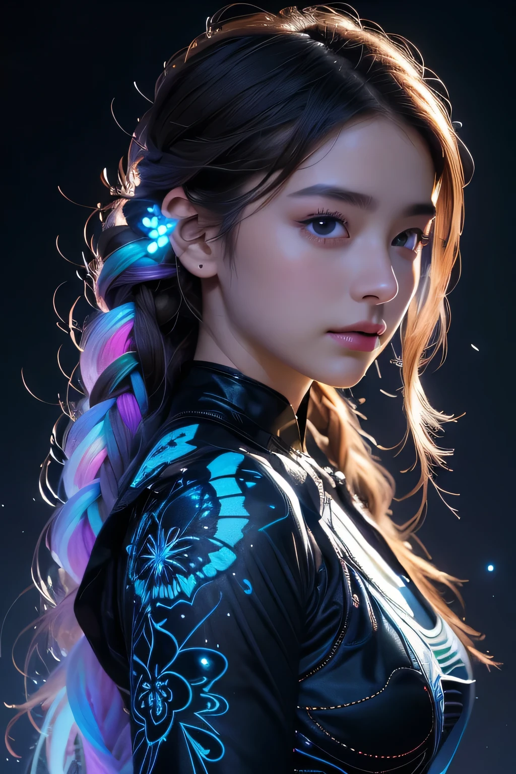 Absurd , High resolution, Super detailed, (One girl:1.3), break, Fantastic dresses, hat, break, Light Persona, Dark person, Mind control, fractal, Sealing, Artistic Background, Blue bioluminescence, Geometric, organic, bless, agreement, Sublime, Majestic, Noble, expand, solvable, anti-gravity, antimatter, guardian angel, holy, sacred, spiritual, Dignified, Red bioluminescence, flower, Holographic Wing, magic cirlcle, Photon, butterfly, scale, Milky Way, Beark, masterpiece, 最high quality, high quality, High resolution, Braided hair、(Upper body portrait)、A stunning 30-year-old beauty、