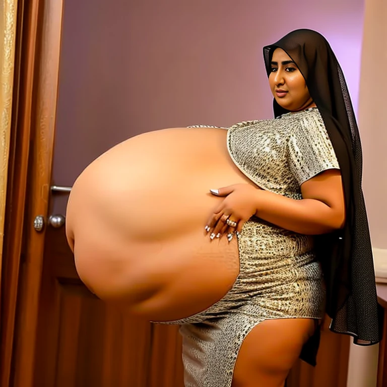 Extremely Hyperpregnant Saudi Arabian woman with huge belly wearing a dress