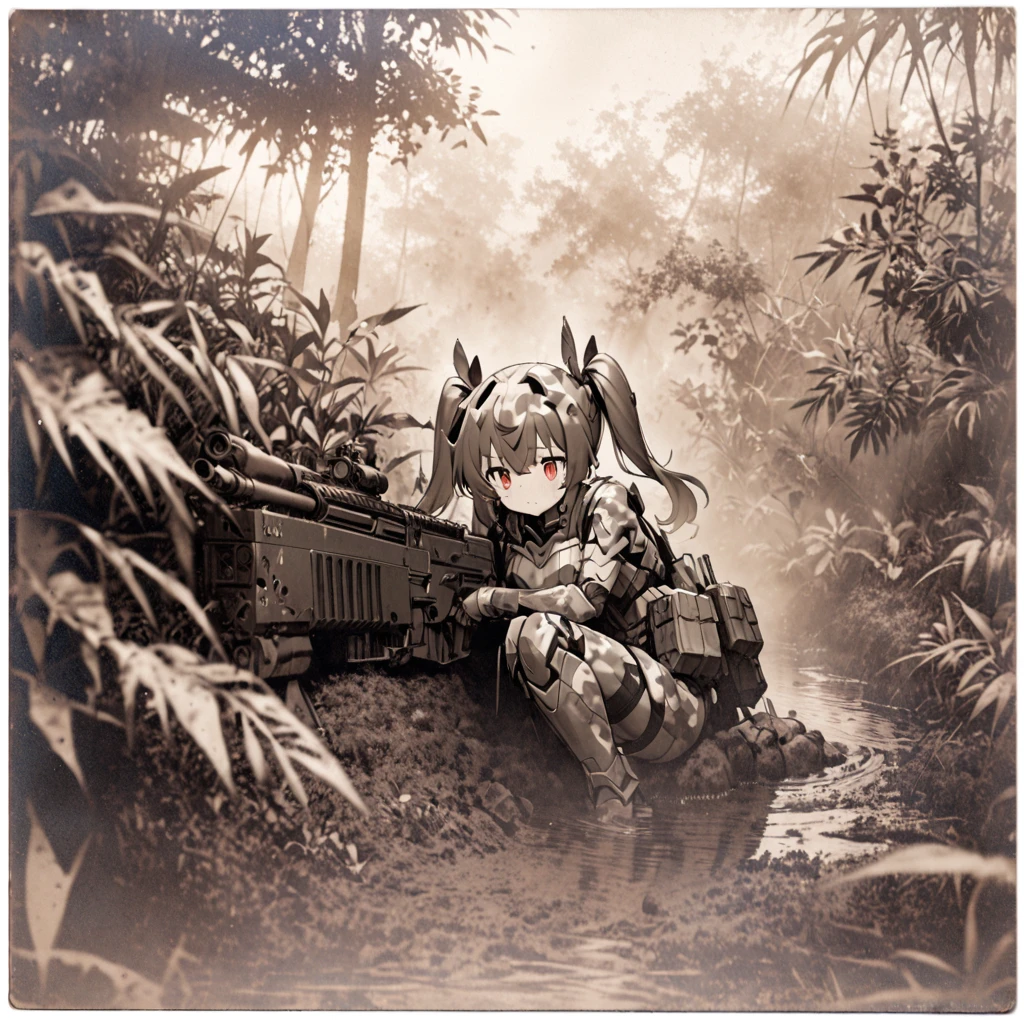 High quality, high definition, hig
h precision images,8k 1 Girl Robot Girl、red hair,Twin tails,Red eyes,Robo girl style armor on head
 deep in the jungle,foggy,camouflage robot stylebody armor,Robot-style camouflage barrettes,covered in mud, his face covered in mud、 (holding a large machine gun )、face down on the ground,Hiding in the bushes and firing a machine gun、sepia photography