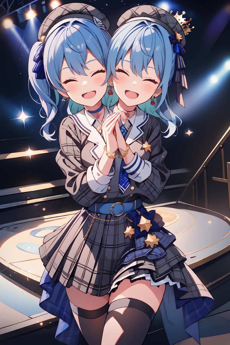 (masterpiece, best quality), best resolution, 16k, (2heads:1.5), close-up, 1girl, solo, HoshimachiSuisei, side ponytail, blue hair ribbon, SuiseiBase, plaid beret, crown, blue star choker, star earrings, blue ascot, plaid jacket, plaid skirt, layered skirt, partially fingerless gloves, star bracelet, uneven legwear, thigh strap, standing, ((cheek to cheek)), (own hands together, praying hangs), smile, open mouth, eyes closed, singing, look at viewer, stable, concert stage, starfield, spotlight