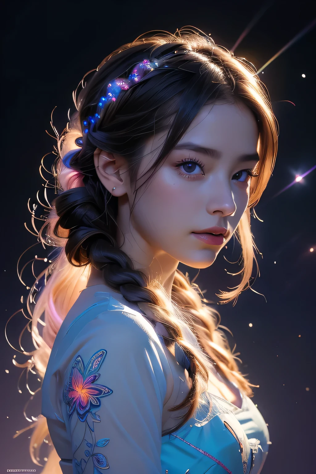 Absurd , High resolution, Super detailed, (One girl:1.3), break, ((Fantastic dresses)), hat, break, Light Persona, Dark person, Mind control, fractal, Sealing, Artistic Background, Blue bioluminescence, Geometric, organic, bless, agreement, Sublime, Majestic, Noble, expand, solvable, anti-gravity, antimatter, guardian angel, holy, sacred, spiritual, Dignified, Red bioluminescence, flower, Holographic Wing, magic cirlcle, Photon, butterfly, scale, Milky Way, Beark, masterpiece, 最high quality, high quality, High resolution, Braided hair、(Upper body portrait)、A stunning 30-year-old beauty、