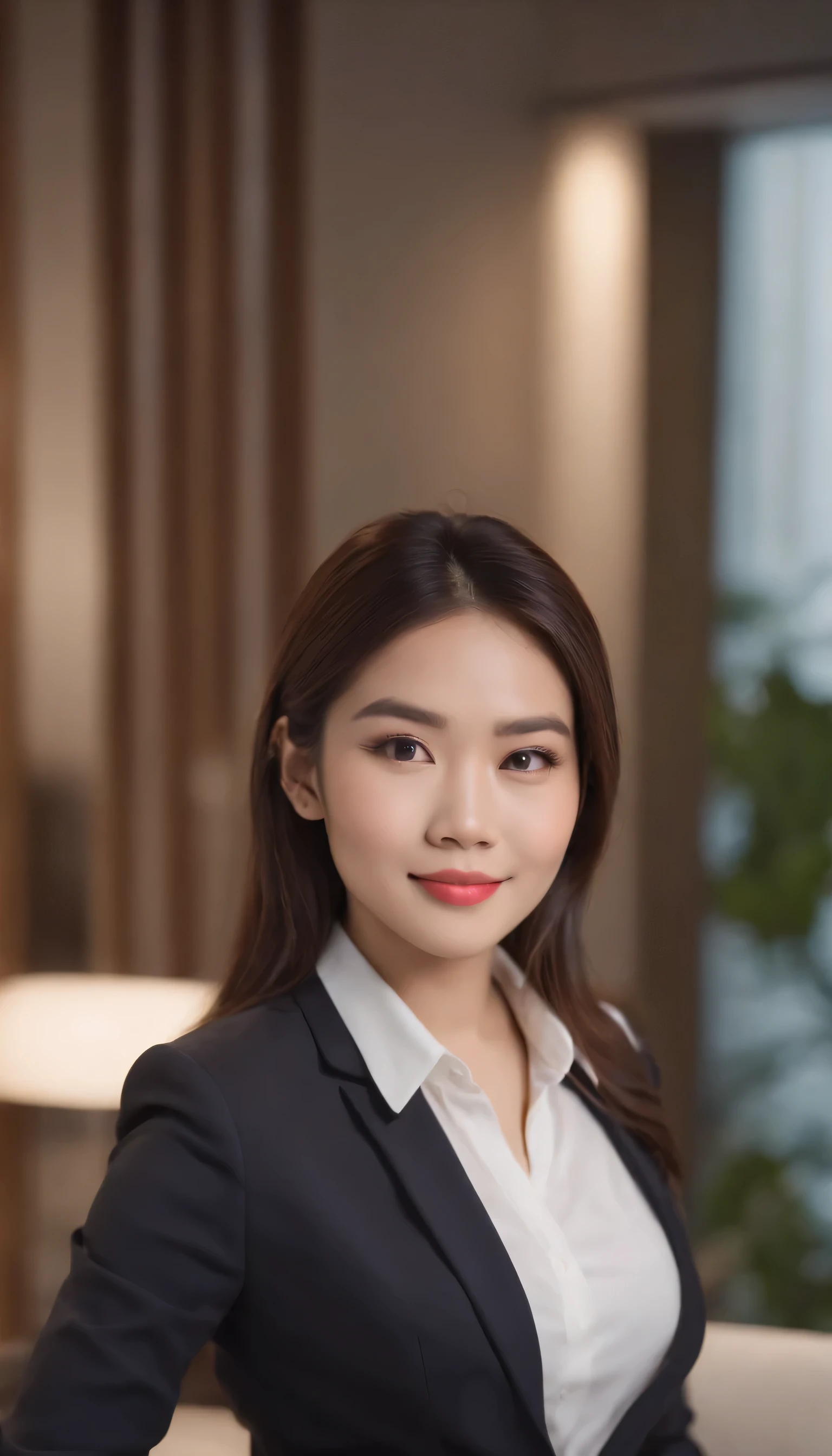 Thai Business girl, at office, informs of meeting room, realistic smile, top angle camera view, looking to camera, blur background, studio lighting, professional look