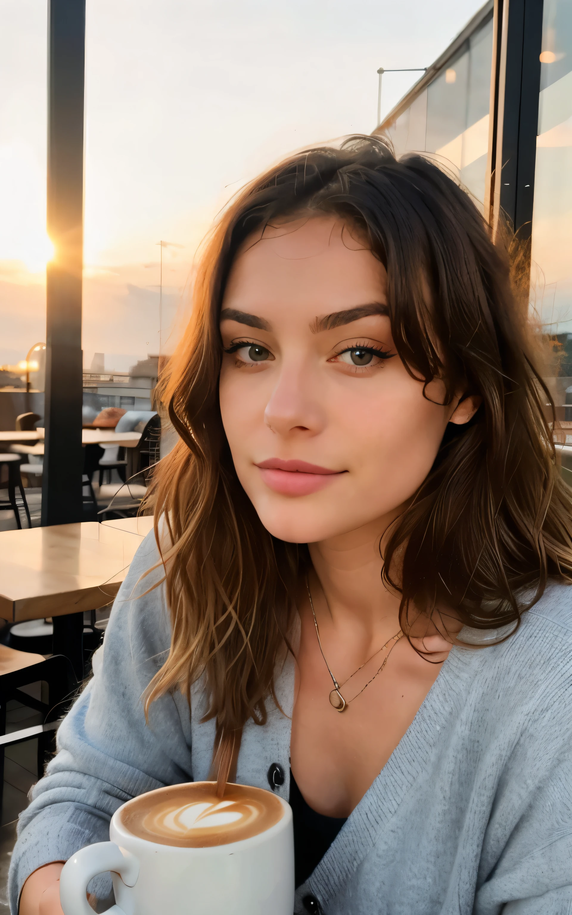 Jolie belle blonde avec un pull jaune (Drinking coffee in a modern cafe at sunset), Very detailed, 14 ans, Visage innocent, naturally wavy hair, yeux bleus, High resolution, Chef-d'artwork, best quality, Complicated details, Very detailed, sharpness, detailed skin, Realistice Hauttextur, texture, Detailed eyes, Professionnel, 4k, sourire charmant, prise avec Canon, 85 millimeters, Slight depth of field, Kodak Vision Couleur, corps parfaitement ajusté, extremely detailed, Photo_\(ultra\), fotoRealistic, Realistic, post-traitement, Maximum details, roughness, vrai vie, ultraRealistic, Photorealismus, Photografie, 8k euh, Photografie