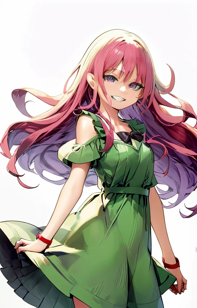 White background, side view, 1girl, pink long hair, violet eyes, wearing green dress, red sandals, female , evil smile, sinister smile, high res, ultrasharp, 8K, masterpiece