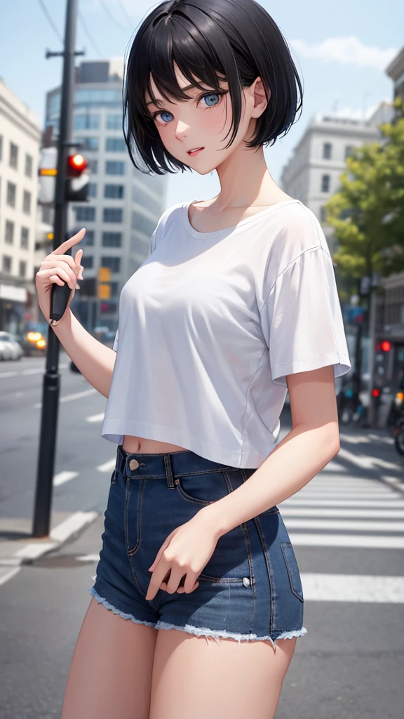 1girl, short black hair, blue eyes, wearing plain white shirt, denim shorts, city, absurdres, high res, ultrasharp, 8K, masterpiece, looking at viewer