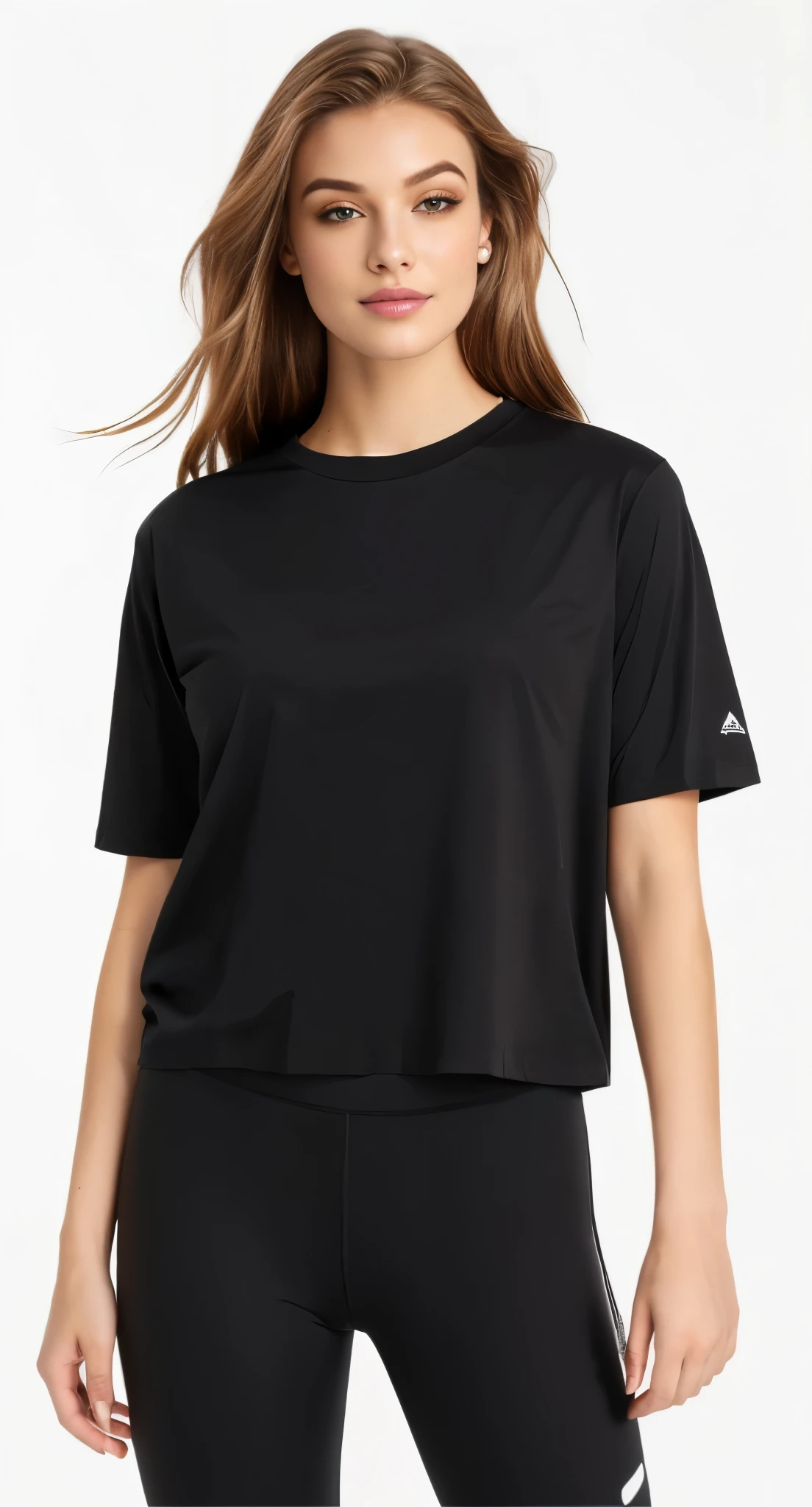 uma mulher vestindo uma blusa preta e legging, vestindo camiseta preta, camiseta preta, wearing a Camiseta preta, vestindo uma camiseta preta, camisa preta, camiseta preta, Camiseta preta, Top preto, wearing a camisa preta, Manga curta, vestindo um top cortados, com camiseta rasgada, vestindo um top cortado