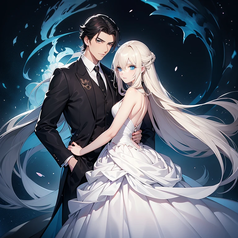 A 29-year-old boy, black hair, sea blue eyes, tall and strong, with a calm and serious expression, dressed in an elegant black suit. On one side of him was a 22-year-old girl with light blonde hair of normal height, green eyes and a sweet look, with an arrogant and shy appearance, smiling, dressed in a beautiful wonderful white dress. Both very close, looking at each other and in different poses. Anime and manhwa style.