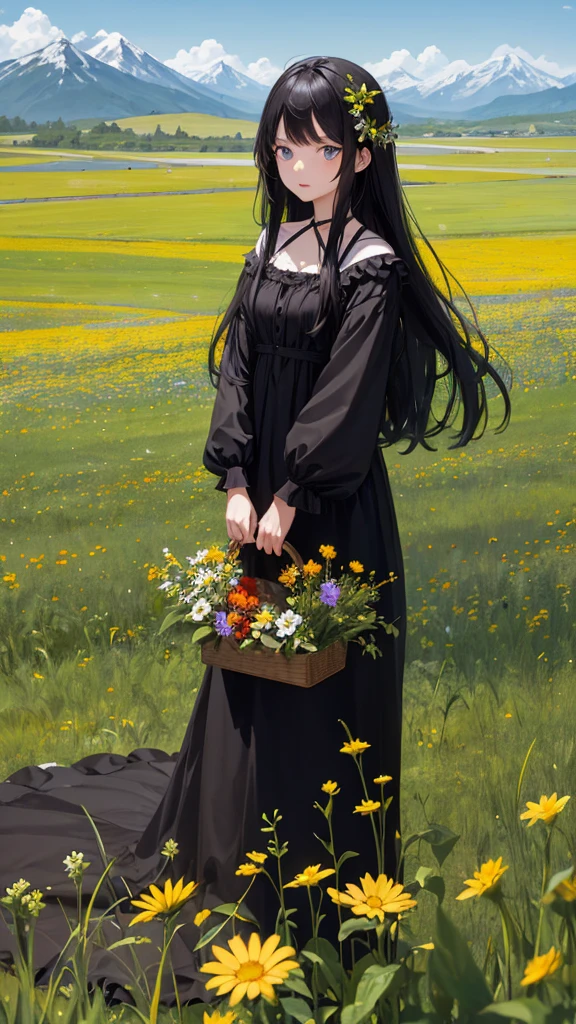 1girl, long black hair, blue eyes, wearing dress, in nature, moutains, grassfield, sky, flowers, floting hair, absurdres, high res, ultrasharp, 8K, masterpiece, looking at viewer