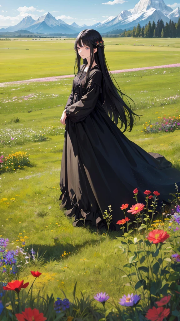 1girl, long black hair, blue eyes, wearing dress, in nature, moutains, grassfield, sky, flowers, floting hair, absurdres, high res, ultrasharp, 8K, masterpiece, looking at viewer