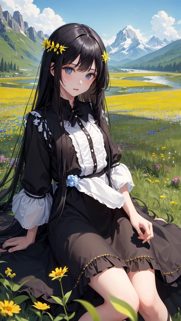 1girl, long black hair, blue eyes, wearing dress, in nature, moutains, grassfield, sky, flowers, floting hair, absurdres, high res, ultrasharp, 8K, masterpiece, looking at viewer