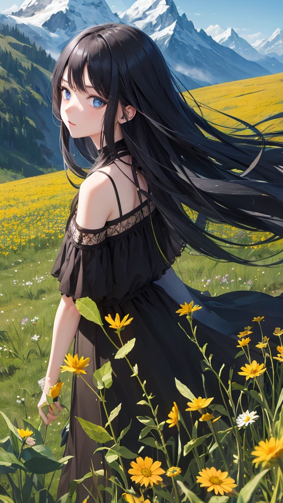 1girl, long black hair, blue eyes, wearing dress, in nature, moutains, grassfield, sky, flowers, floting hair,  absurdres, high res, ultrasharp, 8K, masterpiece, looking at viewer