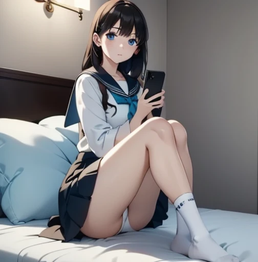 (unity 8k wallpape),(best quality),(high resolution),(ultra-detailed),(perfect anatomy),(beautiful detailed eyes),1girl,(Dimly lit motel room),((Sit on the bed:1.3)),Bedside table,((There are three one-dollar bills on the bedside table.:1.3)), BREAK Bought Girl,Unbelievable beautiful girl,,blackhair,,Sailor suit,Navy Skirt,White socks, body,(Holding a smartphone in one hand:1.3),(Sit with your legs apart),White panties,A tense look,Look down,The eyes are looking at me,Photograph the whole body, BREAK (On the table are three coins and a camera.),