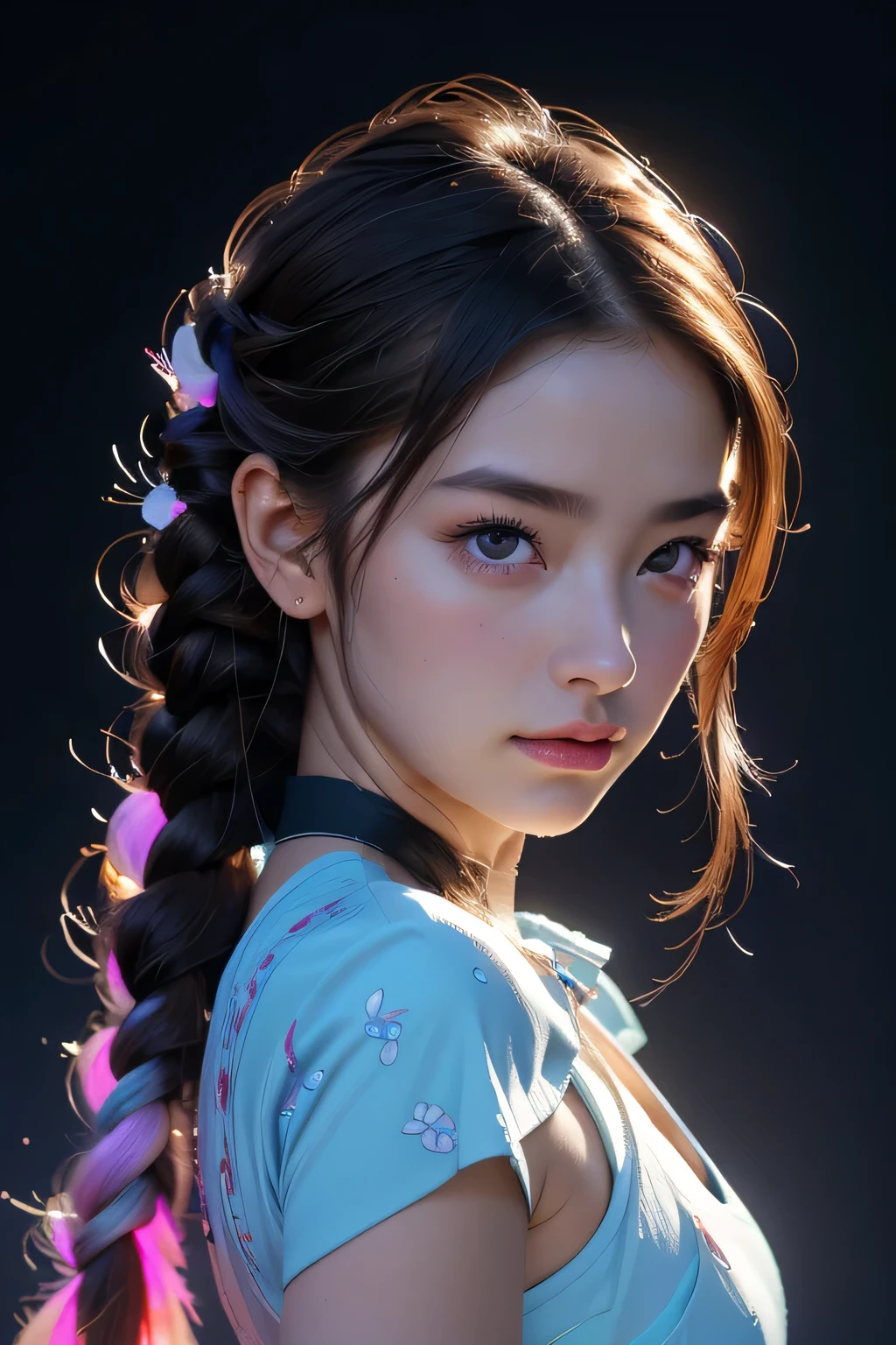 Absurd , High resolution, Super detailed, (One girl:1.3), break, ((Fantastic dresses)), hat, break, Light Persona, Dark person, Mind control, fractal, Sealing, Artistic Background, Blue bioluminescence, Geometric, organic, bless, agreement, Sublime, Majestic, Noble, expand, solvable, anti-gravity, antimatter, guardian angel, holy, sacred, spiritual, Dignified, Red bioluminescence, flower, magic cirlcle, Photon, butterfly, scale, Milky Way, Beark, masterpiece, 最high quality, high quality, High resolution, (Braided hair:Dumpling 1)、(Upper body portrait)、A stunning 30-year-old beauty、