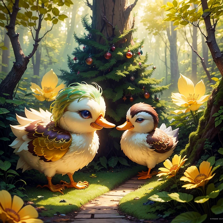 In the heart of a whimsical, sun-kissed forest, a yummy sweet treasure glistens like a dream brought to life in true Thomas Kinkade fashion. It's as if the very woods themselves have conspired to create a scene of unparalleled enchantment, where the treasure's allure is irresistibly alluring, promising an adventure beyond imagination, octane render, yellow duck