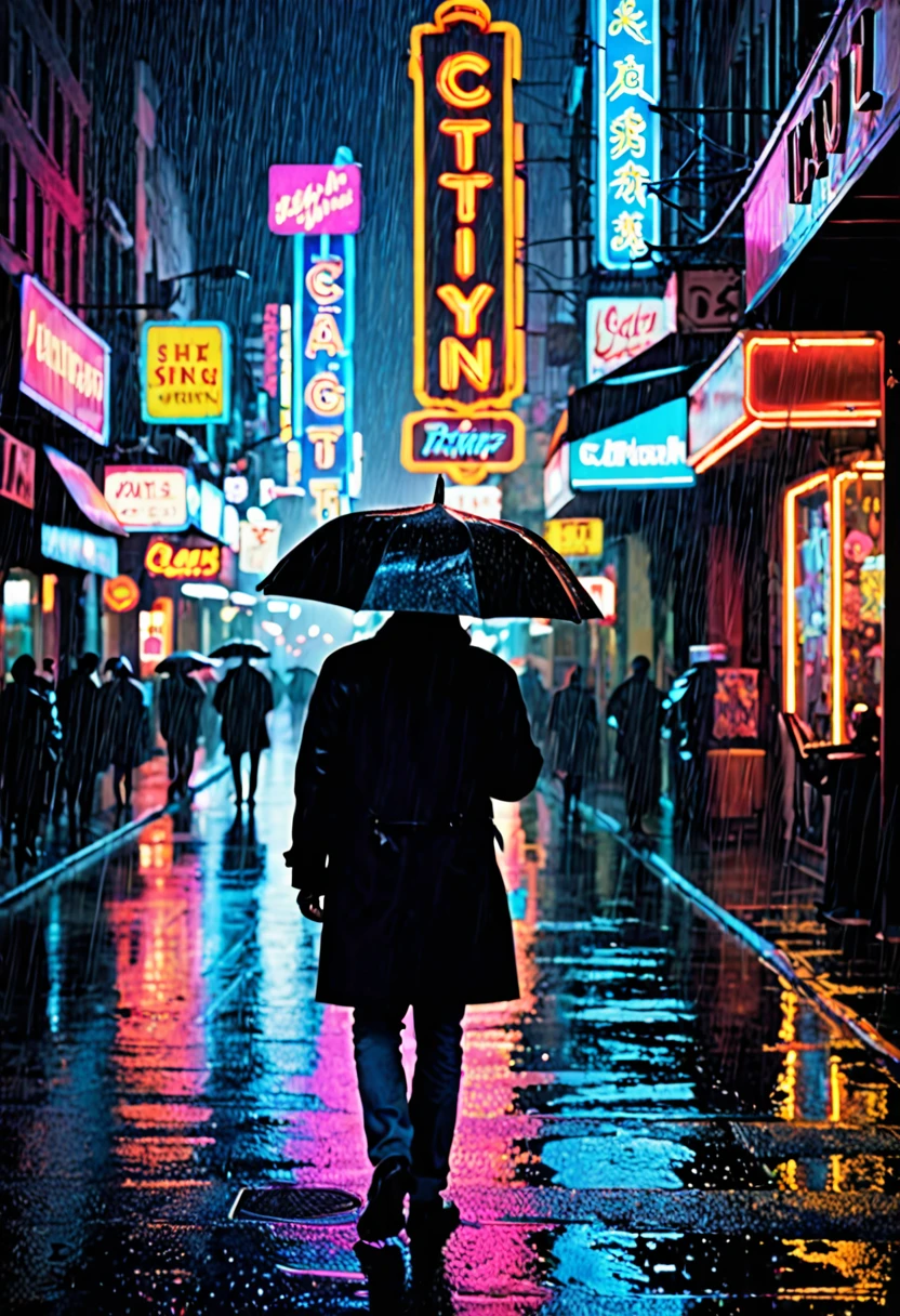 City at night，Neon Signs，Man in the rain