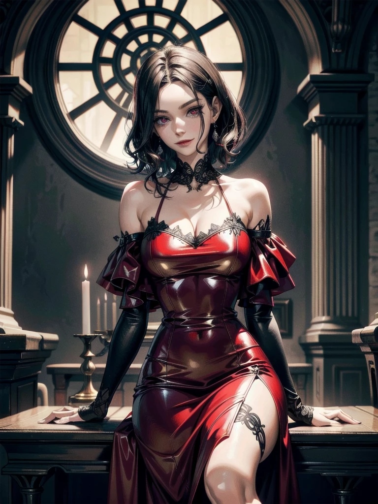 whole body, Gothic red dress, girl and dragon, (in castle), creepy smile, absurdres, RAW photo, extremely delicate and beautiful, masterpiece, Best Quality, ultra high resolution, 32k, hyperrealistic, ultra-detailed, detailed description, pale skin, 20 years old, detailed beautiful face and eyes, tearful mole, earring, Colossal tits, short medium hair, wavy hair,
