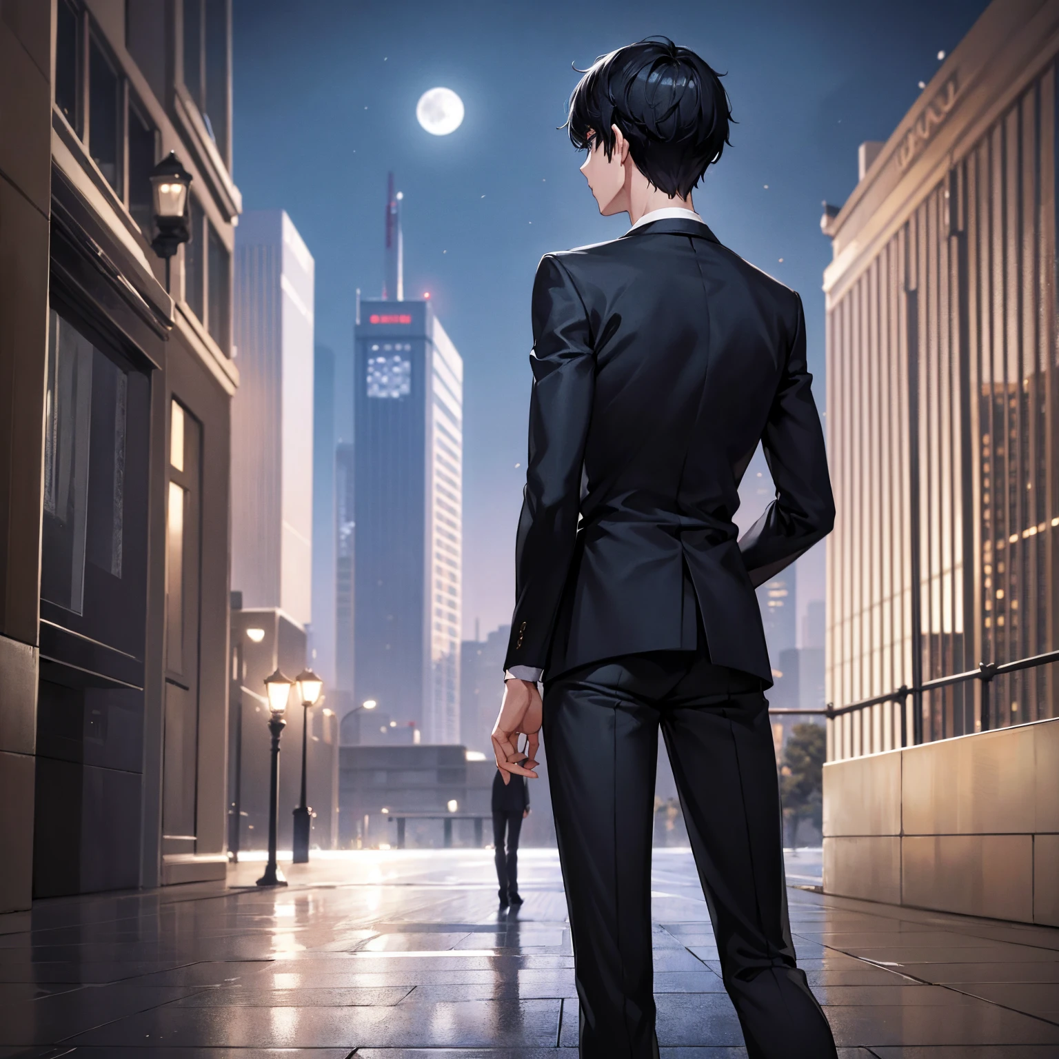 1boy, short black hair, blue eyes, wearing all black suit, city, absurdres, high res, ultrasharp, 8K, masterpiece, looking at viewer from behind, full moon