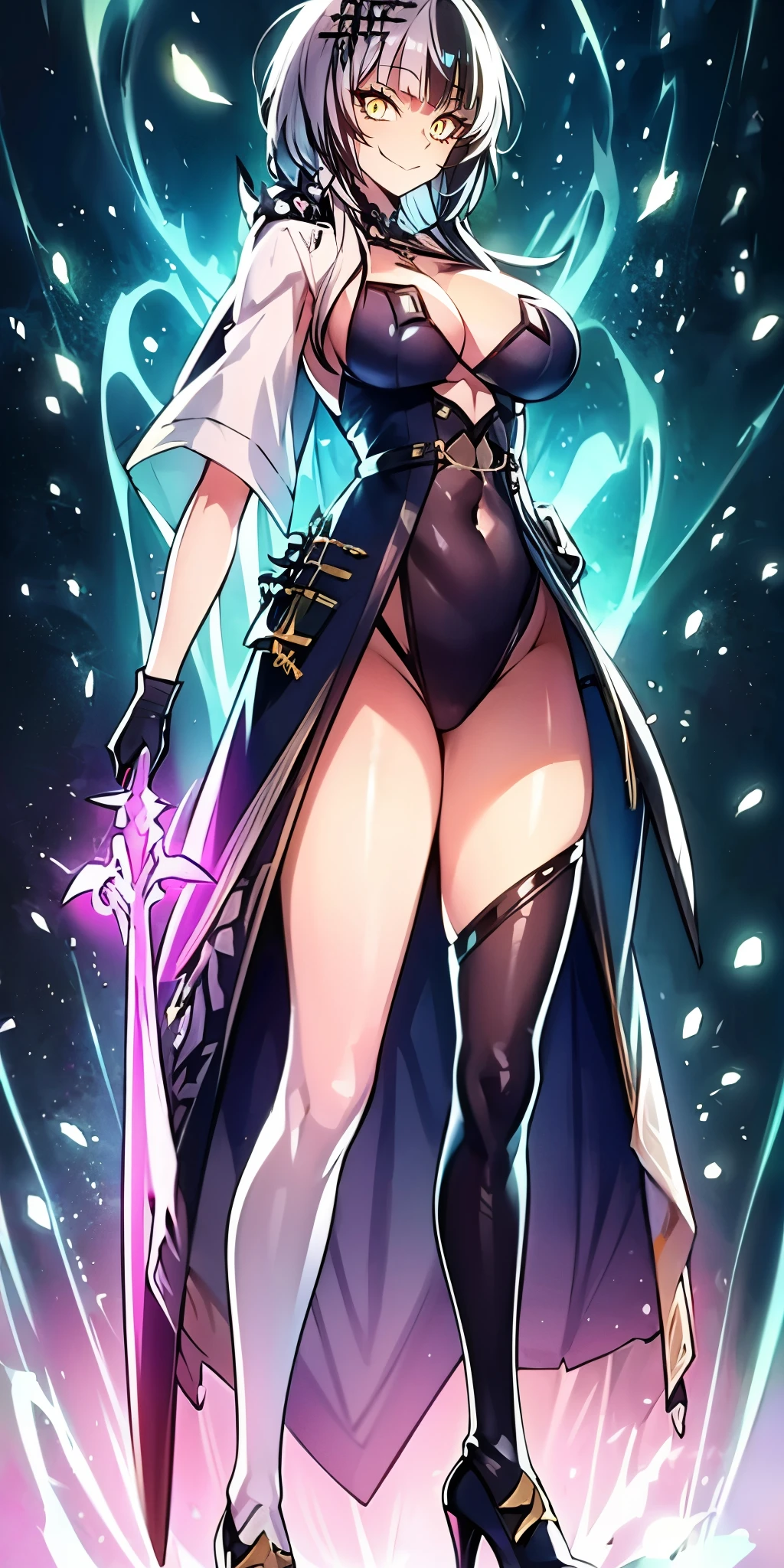shiori novella, two-tone hair, multicolored hair, split-color hair, medium hair, hair ornament, muscular female, anatomically correct, mature female, curvy, huge breasts, 1girl, solo, breasts, high_heels, bodysuit, covered_navel, full_body, skin_tight, standing, jewelry, anime coloring, anime screencap, hair ornament, (shaded face:1.2), yellow eyes, slit pupils, hollow eyes, smirk, looking at viewer,