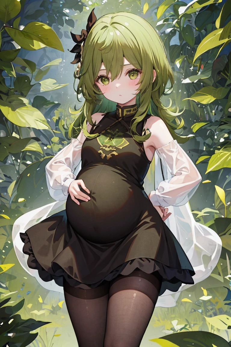 A girl,pregnant, there were children,Ten months，Soon to be born，Big big belly，双手抱着她的pregnant肚，My stomach is moving，Standing，Brown and black bodycon dress，Brown pantyhose，Green Hair，whole body