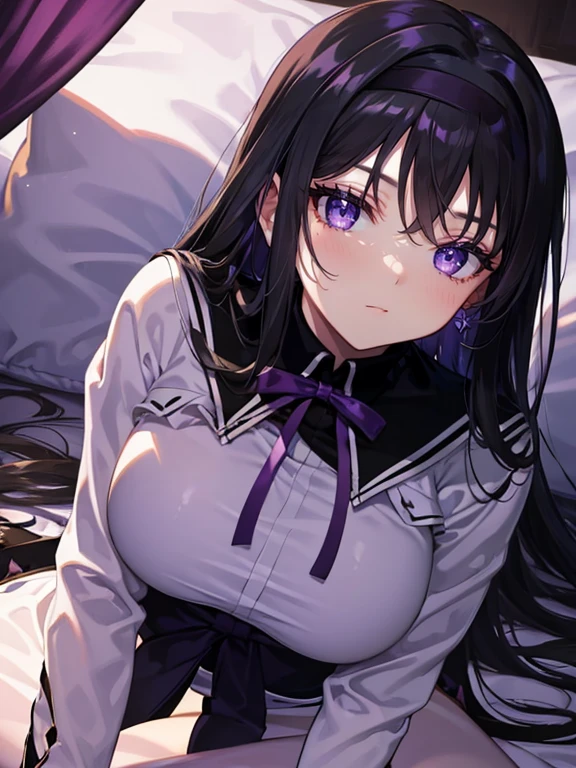 (masterpiece,best quality,ultra-detailed) beautiful and detailed face, detailed eyes, looking at viewer, full body, laying down on a royal purple canopy bed, big round breasts, thick thighs, akemi homura, smirking, black hair, black headband, purple eyes,